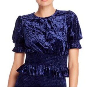 NEW Aqua‎ Crushed Velvet Smocked Ruffle Crop Top Royal Navy Blue Size L